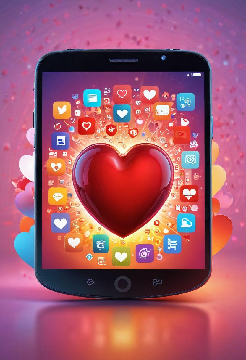 A visually striking representation of a heart shaped from various digital files and app icons, symbolizing the transition from downloads to genuine affection. Surrounding the heart, soft glowing light transitions into warm colors, depicting the evolution of technology into emotional connections. In the background, silhouettes of people exchanging smartphones with heart-shaped signals. 3D. vibrant colors. super-realistic.