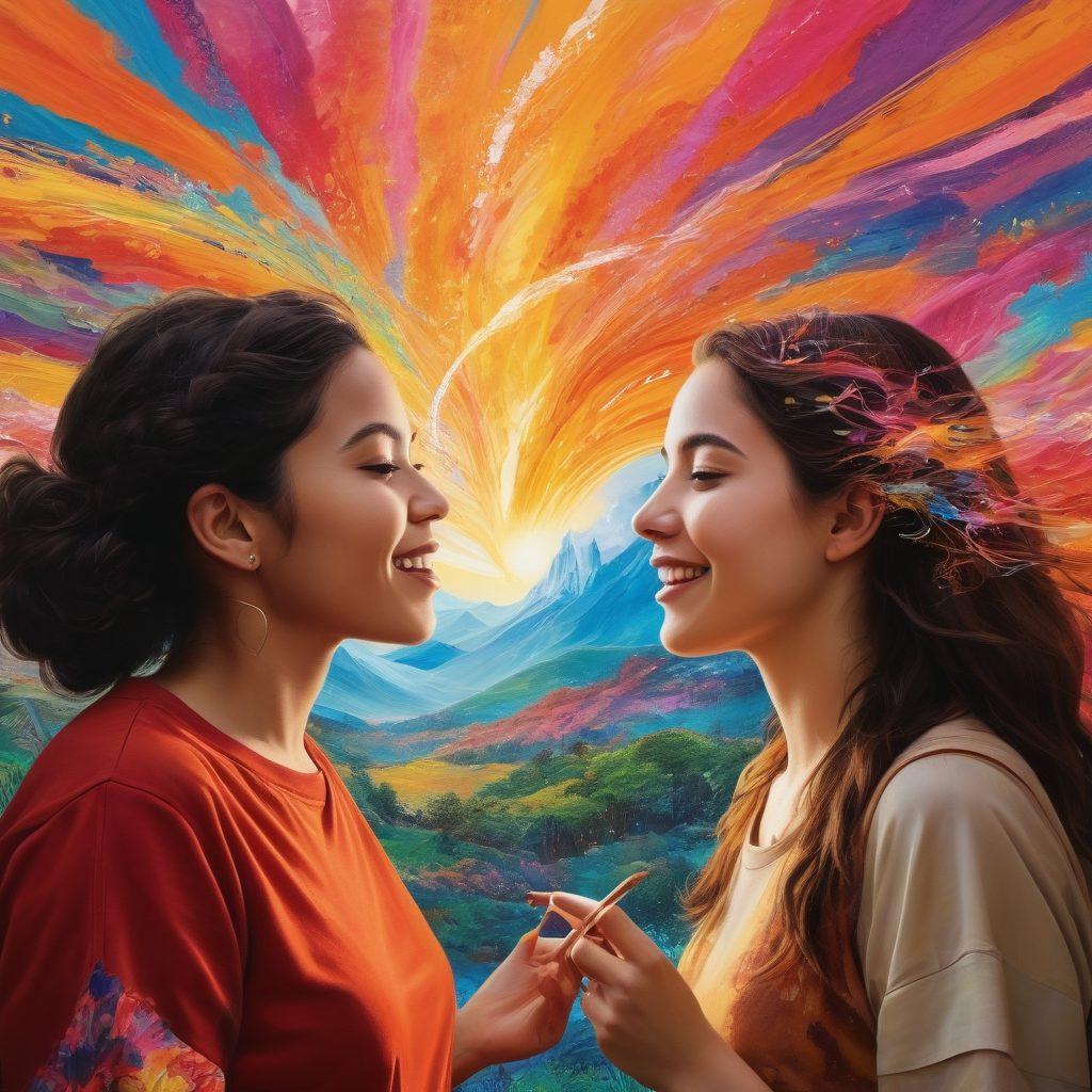 A beautifully intertwined collage of diverse multimedia experiences depicting vibrant scenes of friends connecting through art, music, and technology. Incorporate dynamic elements like colorful sound waves, flowing paintbrush strokes, and glowing digital screens, symbolizing creativity and connection. The background should radiate warmth and positivity, showcasing different cultures and emotional expressions. The overall composition should evoke feelings of joy, bonding, and a rich tapestry of shared passions. vibrant colors. super-realistic.