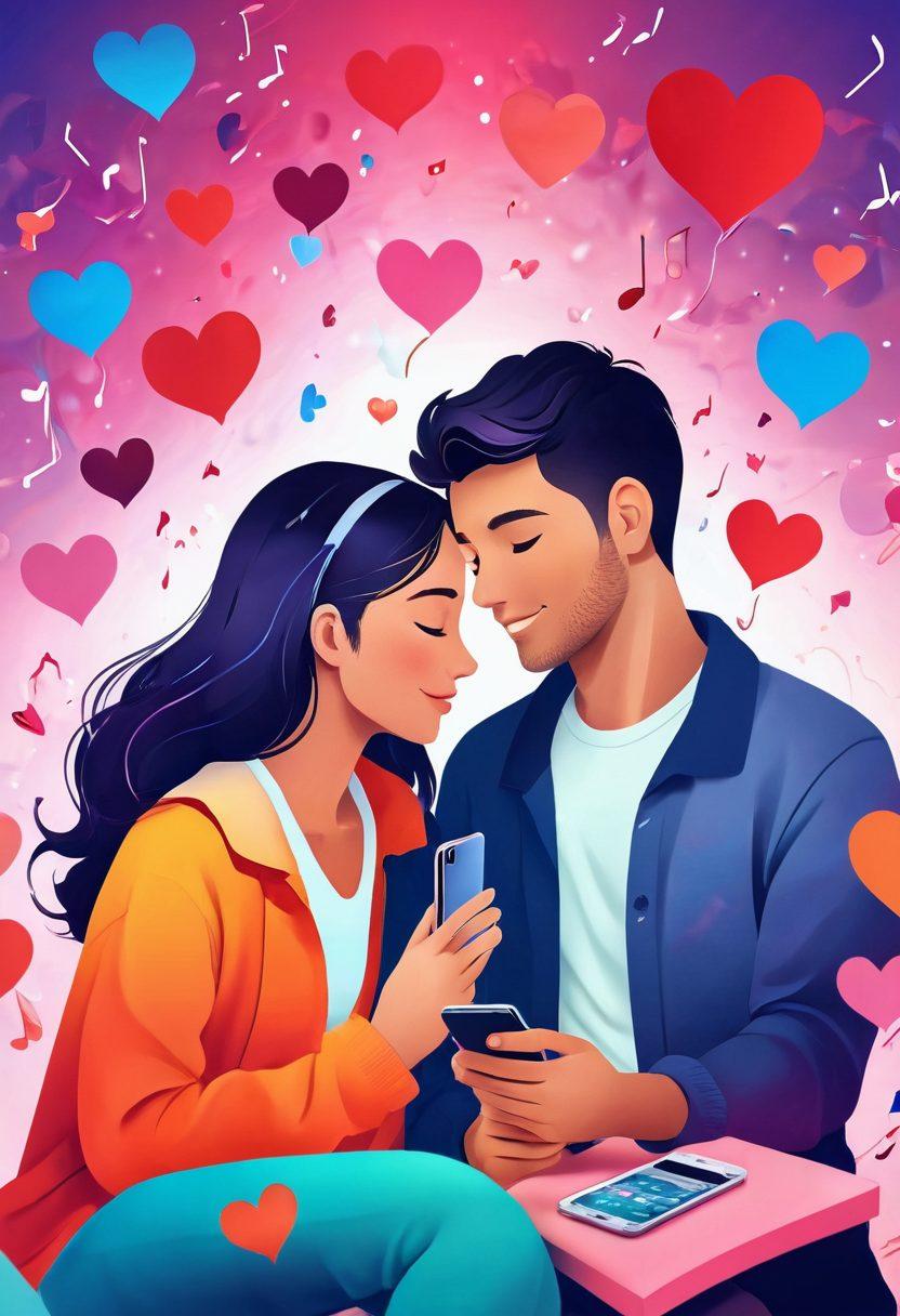 A romantic scene depicting a cozy couple exchanging affectionate messages on their smartphones, surrounded by multimedia assets like heart emojis, gifs, and video call graphics. The background features a dreamy ambiance with soft colors and abstract shapes representing digital connectivity. Incorporate elements like music notes and photos to symbolize shared memories. The overall feel should evoke warmth and modern love in a digital age. super-realistic. vibrant colors. soft focus.